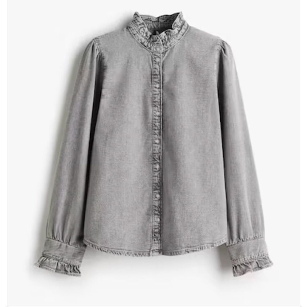 NWT H&M RUFFLE-TRIMMED DENIM BLOUSE - Picture 2 of 7